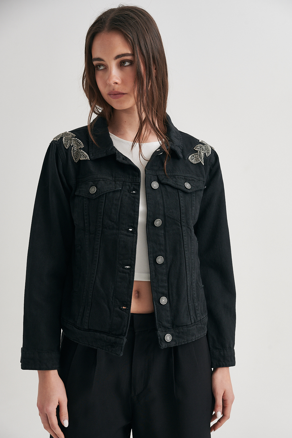campera denim hojas strass
