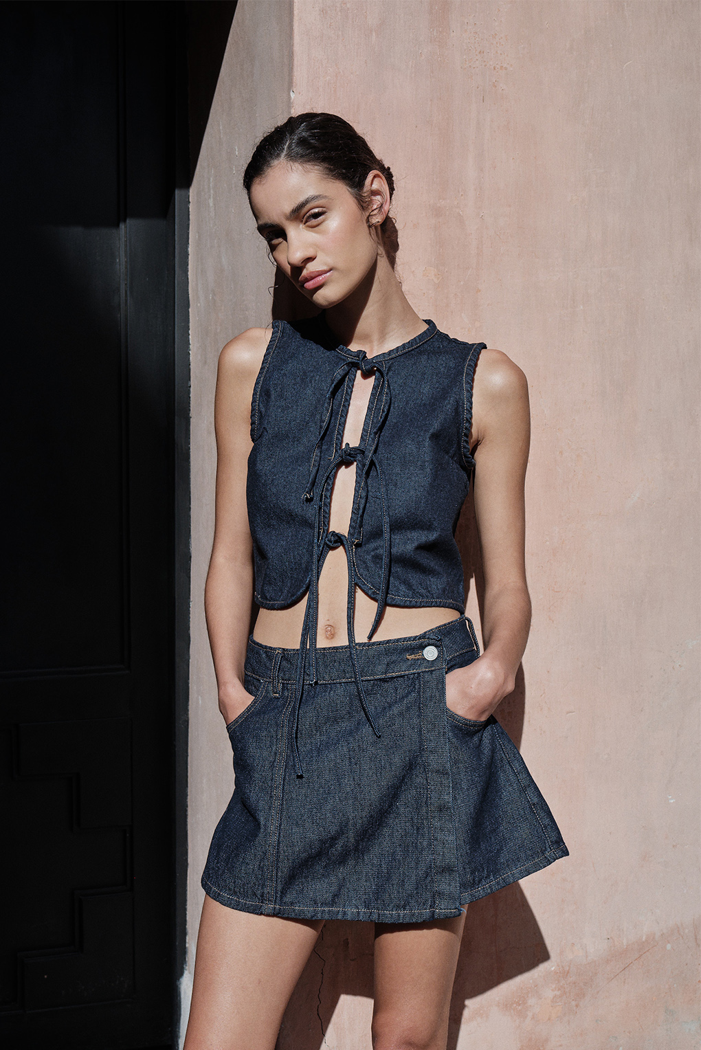 top denim con lazo